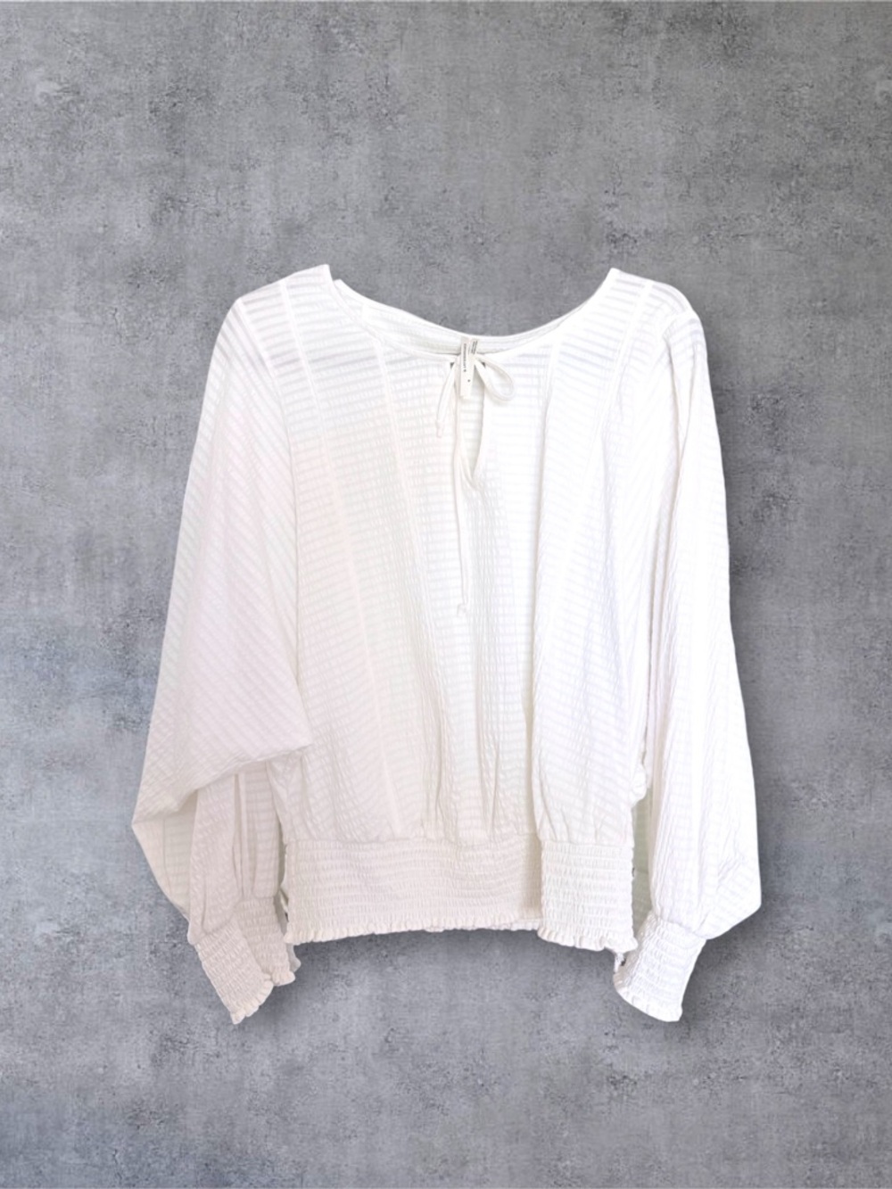 Anthropologie White Textured Blouse Size M Boho Tie Neck Peasant Top